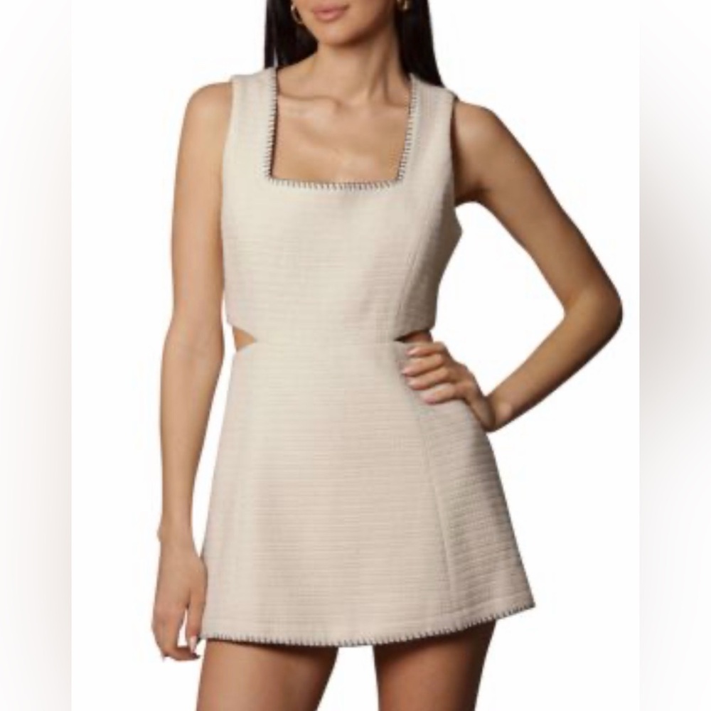 7 For All Mankind Mini Dress Women’s M Ivory Tweed Knit Sleeveless Cutout Sides